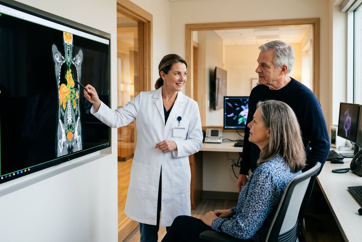 Radiolog objašnjava PET/CT nalaz pacijentima na monitoru